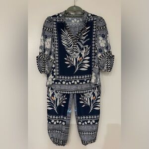 Navy Blue Patterned 100% Silk Two Piece Set